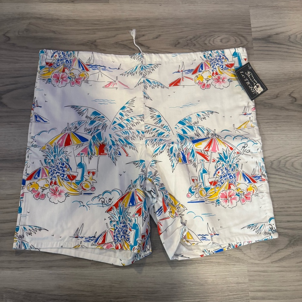 Le Tigre Vintage Men’s XL 40-42 White Rio Beach Printed Lightweight Shorts NWT
